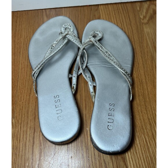 Guess Sandals Womens Size 8 Silver Rhinestone Thong Flip Flop Snake Embossed - Picture 4 of 7